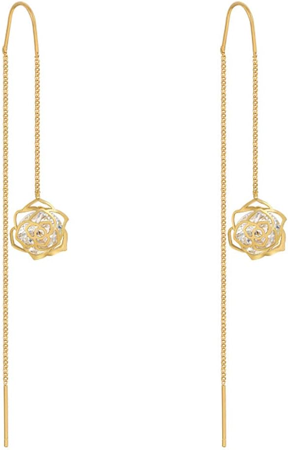 14K Gold Rose Flower Dangle Earring For Women Tassel Threading Long Chain Earrings For Women Drop Earrings For Bridesmaid