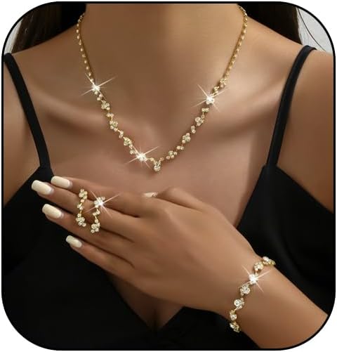 Prom Earrings Necklace Bracelet Set Elegant Crystal Necklace Earrings Bracelet Bridal Wedding Prom Costume Jewelry Sets for Women