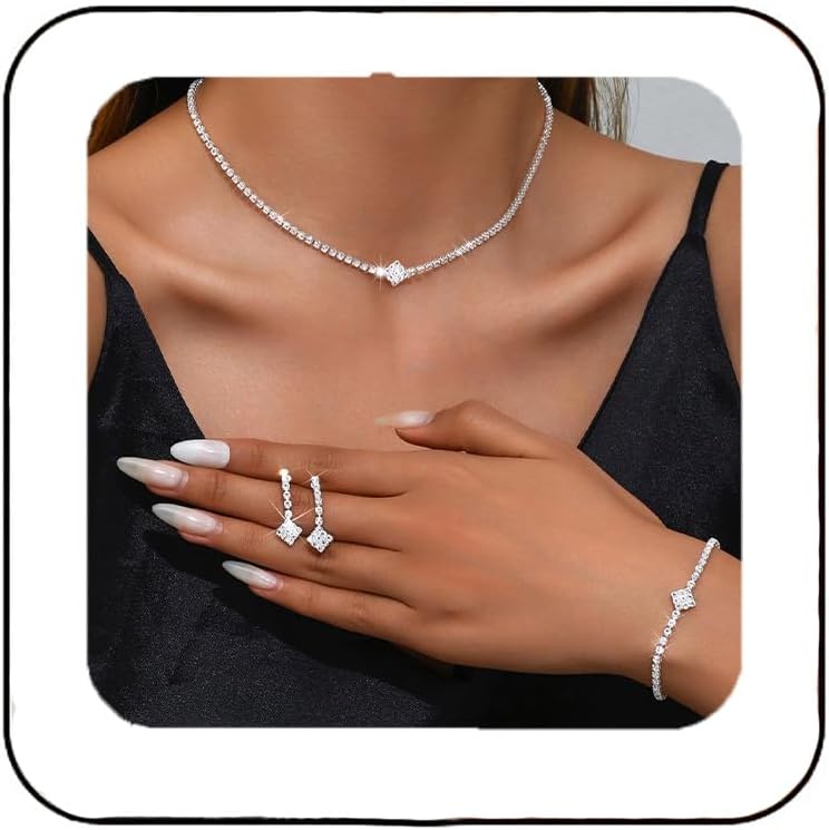 Silver Bridal Wedding Jewelry Set Sparkly Rhinestone Necklace Earrings Bracelet Sets Formal Costume Jewelry for Women and Brides