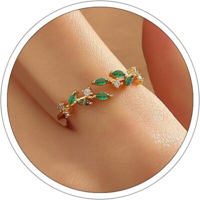 18K Gold Plated Ring Open Adjustable Ring Cubic Zirconia Leaf Ring for Women Dainty Stackable Rings for Women