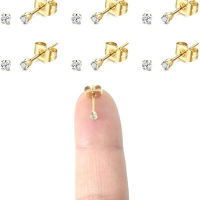 Steel Tiny 2MM Cubic Zirconia Stud Earrings Minimal Cartilage Piercing Ear Studs Smallest Post Earrings