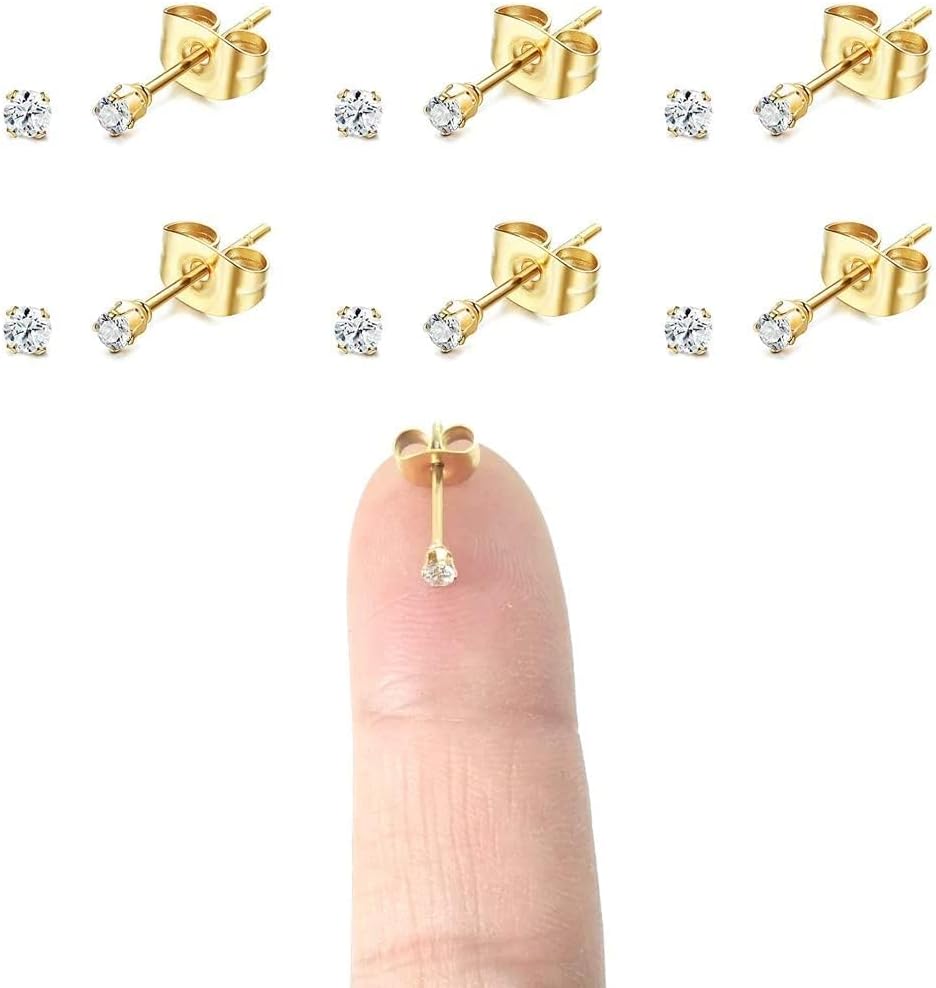Steel Tiny 2MM Cubic Zirconia Stud Earrings Minimal Cartilage Piercing Ear Studs Smallest Post Earrings