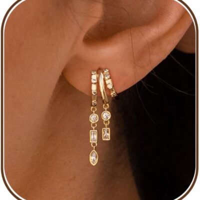 Dangle Earrings For Women, Dainty Gold Drop Statement Earrings 14K Gold Plated Long Huggie Earrings for Women Trendy Hypoallergenic Dangly Earrings Small Triple Hoops Earrings Fashion Jewelry