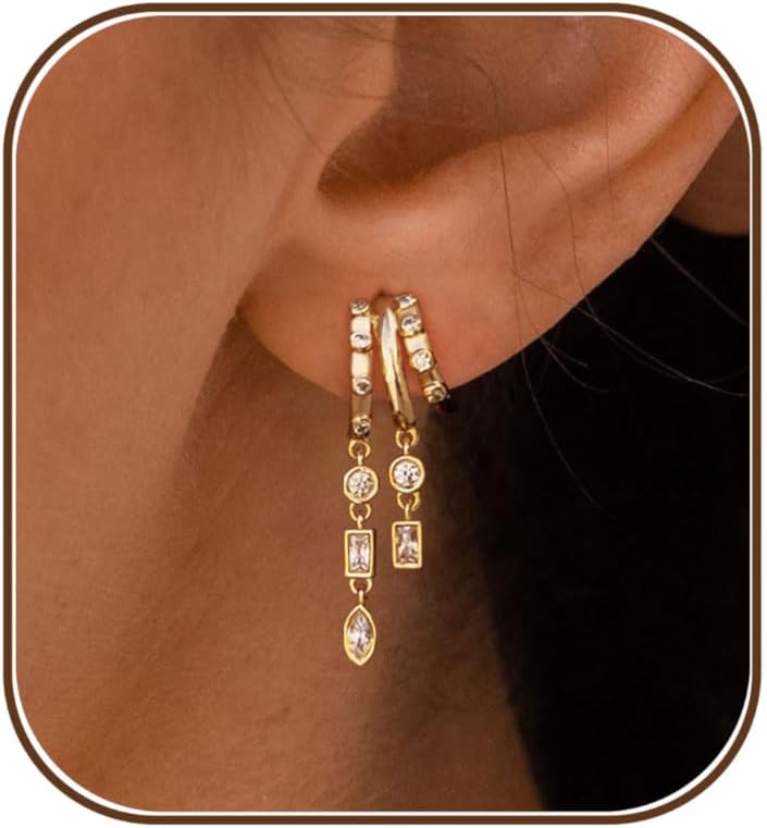 Dangle Earrings For Women, Dainty Gold Drop Statement Earrings 14K Gold Plated Long Huggie Earrings for Women Trendy Hypoallergenic Dangly Earrings Small Triple Hoops Earrings Fashion Jewelry