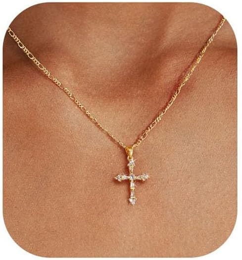 Cross Necklace for Women,Double Cross Necklace 14K Gold Plated Cross Pendant Necklace Dainty Gold Cross Necklaces for Women Trendy Small Cross Charm Necklace Simple Cute Choker Necklaces Gold Jewery