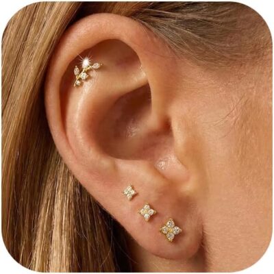 14K Gold Plated Stud Earrings for Women Trendy Hypoallergenic Gold Silver Cartilage Tragus Earring Set for Multiple Piercing Dainty Cute Small Helix Earrings Stack Jewelry for Men