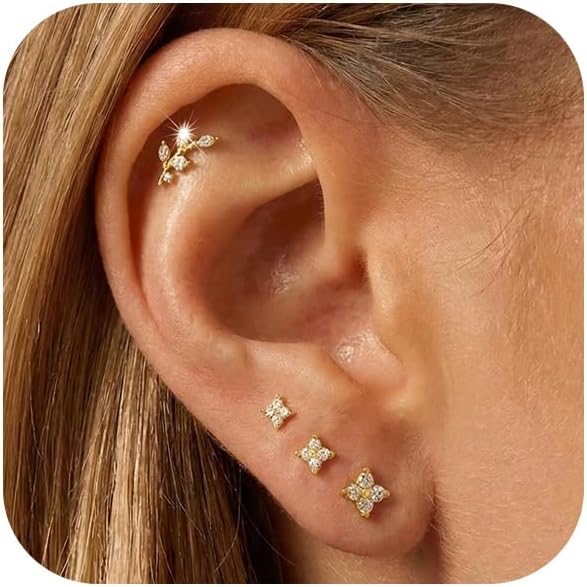 14K Gold Plated Stud Earrings for Women Trendy Hypoallergenic Gold Silver Cartilage Tragus Earring Set for Multiple Piercing Dainty Cute Small Helix Earrings Stack Jewelry for Men