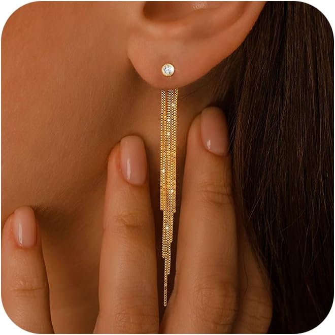 Dangle Earrings for Women - Dainty 14K Gold Plated Long Drop Chain Earrings Trendy Wedding Threader Earring Hypoallergenic Prom Jewelry