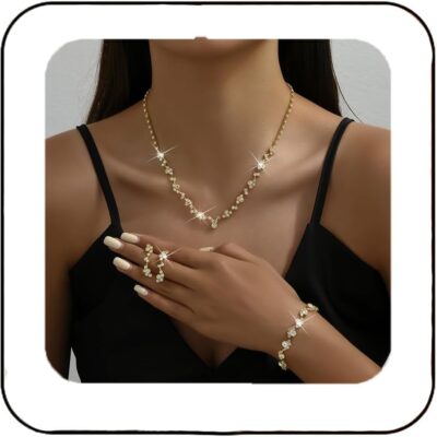 Bride Crystal Necklace Earrings Set Bridal Wedding Jewelry Sets Rhinestone Choker Necklace Costume Jewelry Set for Women and Brides (3 piece set - 2 earrings and 1 necklace)