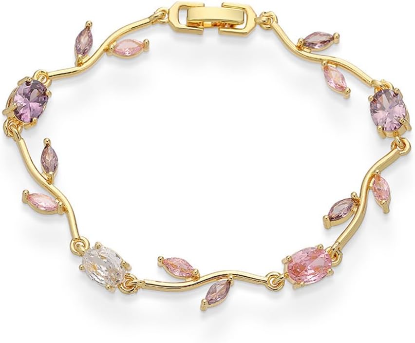 Crystal Flower Leaf Bracelet for Women Gold-Tone/Silver Plated Dainty Colorful Oval Cubic Zirconia Floral Tennis Bracelets Sweet Fine Bridal Wedding Prom Jewelry for Her 7.48inch