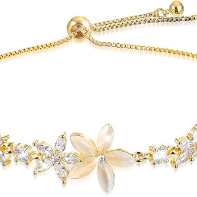 Gold Adjustable Bracelets for Women,Dainty Flower Bracelet Rhinestone Slider Floral Bracelet Floral Jewelry Adjustable Bridesmaid Bracelets Jewelry Gift