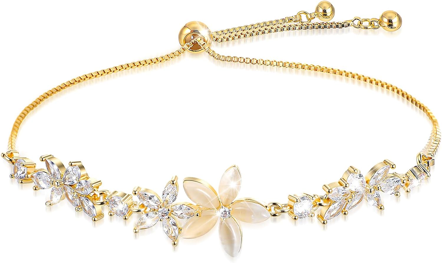 Gold Adjustable Bracelets for Women,Dainty Flower Bracelet Rhinestone Slider Floral Bracelet Floral Jewelry Adjustable Bridesmaid Bracelets Jewelry Gift