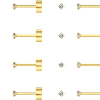 8 Pairs Tiny Flat Back Earrings for Women Men 14K Gold Plated Surgical Stainless Steel Stud Earrings Hypoallergenic Cubic Zirconia Studs Cartilage Earrings 2mm 3mm 4mm