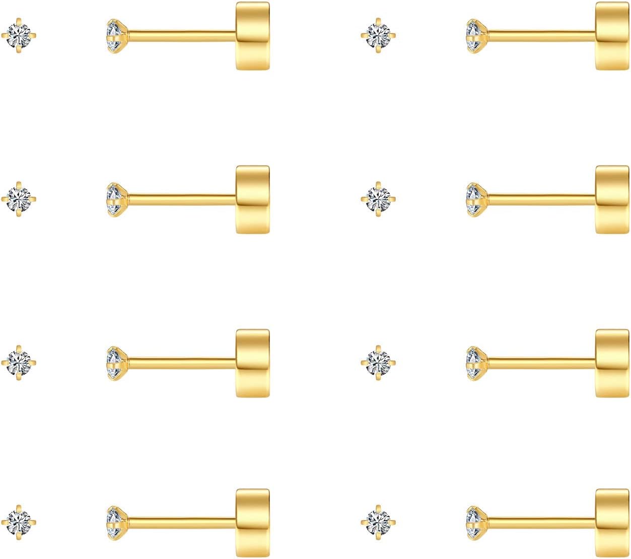 8 Pairs Tiny Flat Back Earrings for Women Men 14K Gold Plated Surgical Stainless Steel Stud Earrings Hypoallergenic Cubic Zirconia Studs Cartilage Earrings 2mm 3mm 4mm