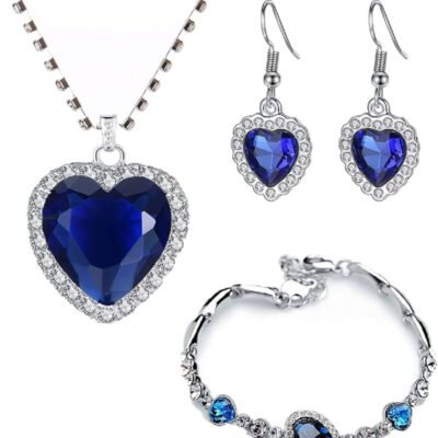 Korean Hot Women's Classic Heart of Ocean Crystal for Women Beach Heart Blue Jewelry Gift Set for Classic Women, Valentine Day, Birthday, Mother Day