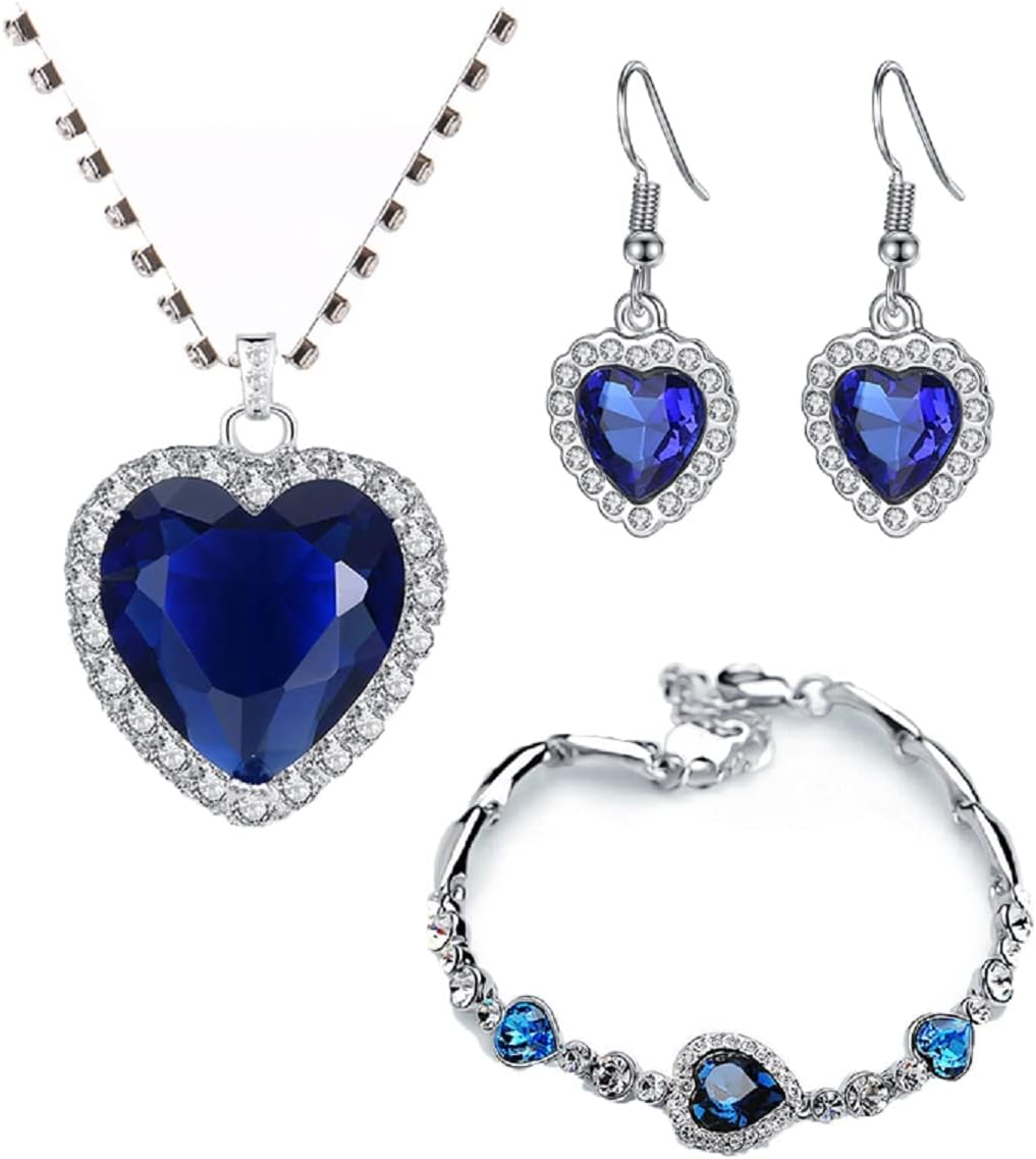 Korean Hot Women's Classic Heart of Ocean Crystal for Women Beach Heart Blue Jewelry Gift Set for Classic Women, Valentine Day, Birthday, Mother Day