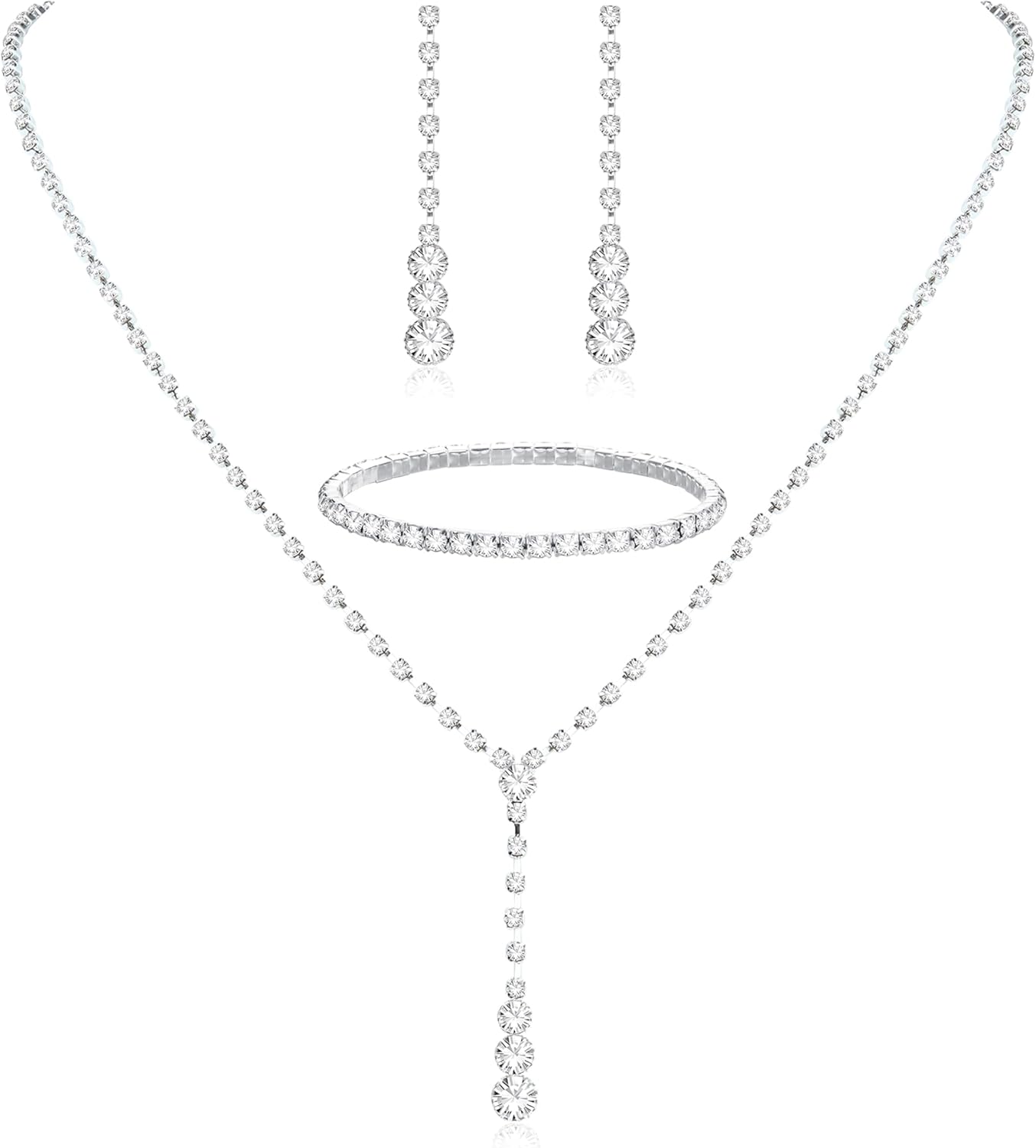 Silver Bridal Jewelry Set Rhinestone Necklace Bracelet Dangle Earrings for Bride Bridesmaid Teardrop Pendant Crystal Wedding Prom Jewelry Accessories for Women