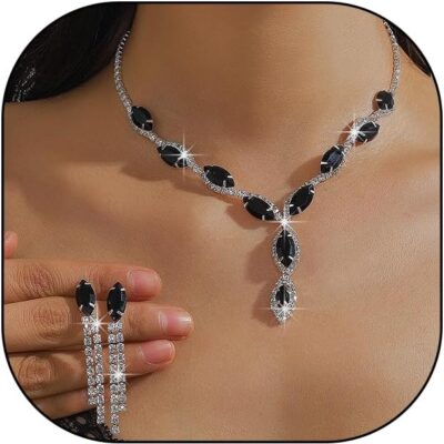 Silver Rhinestone Prom Jewelry Set for Women,Black Glitter Crystal Chain Choker Necklace  Drop Earring for Wedding Bridal,Formal Costume Accessories