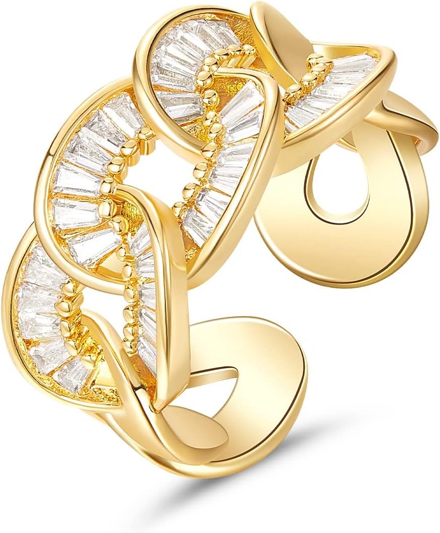 Gold Rings for Women, 14K Gold Plated Adjustable Statement Irregular Geometric Diamond Twisted Open Stackable Band Chunky Finger Rings Dainty Cubic Zirconia Jewelry Gifts