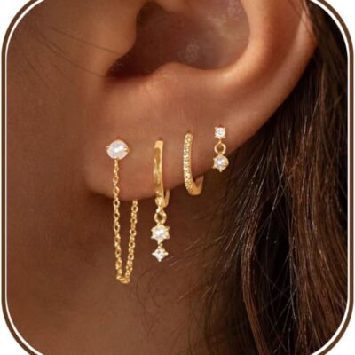 Gold Earrings for Women, 14k Gold Plated Dangle Huggie Earrings for Women Trendy Dainty Gold Hoop Earring Stacks Hypoallergenic Pearl Chain Drop Cartilage Earring Fashion Womens Jewelry