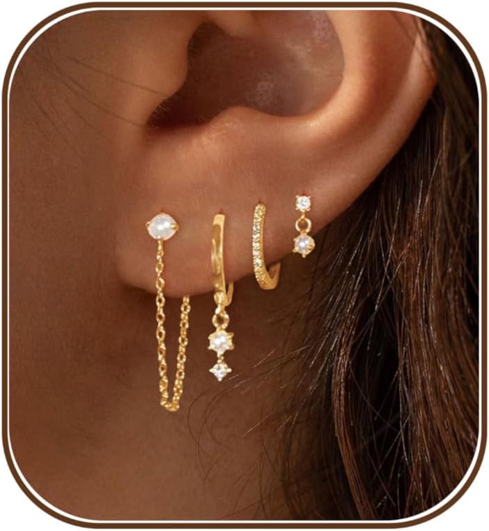 Gold Earrings for Women, 14k Gold Plated Dangle Huggie Earrings for Women Trendy Dainty Gold Hoop Earring Stacks Hypoallergenic Pearl Chain Drop Cartilage Earring Fashion Womens Jewelry