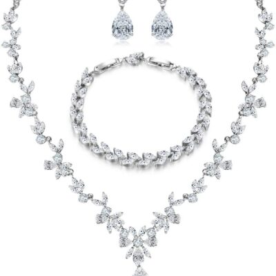 Jewelry Set for Women, Necklace Dangle Earrings Bracelet Set with White AAA Cubic Zirconia, Allergy Free Wedding Party Jewelry for Bridal Bridesmaid