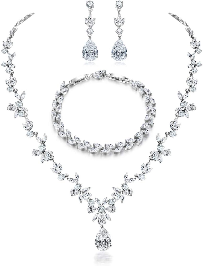 Jewelry Set for Women, Necklace Dangle Earrings Bracelet Set with White AAA Cubic Zirconia, Allergy Free Wedding Party Jewelry for Bridal Bridesmaid