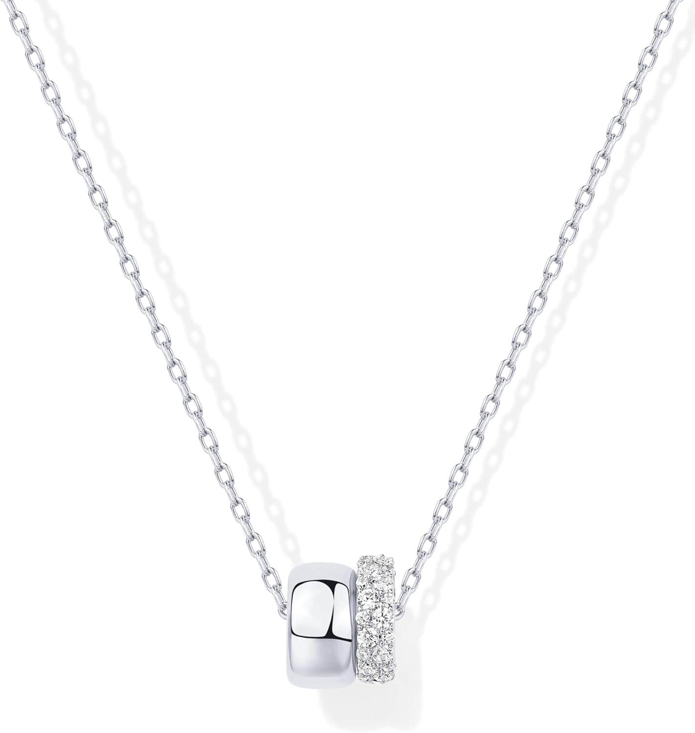 14K Gold Plated Pendant Necklace for Women | Two Distinct Rondelle Pendants with Cubic Zirconia | Sliding Chain Pendant | Trendy Fashion Jewelry