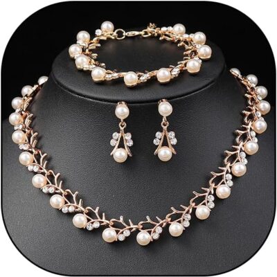 Rhinestone Pearl Wedding Jewelry Set for Bride Bridesmaid Bohemia Adjustable Beaded Crystal Bracelet Necklace Exaggerated Pearl Earring Set for Women