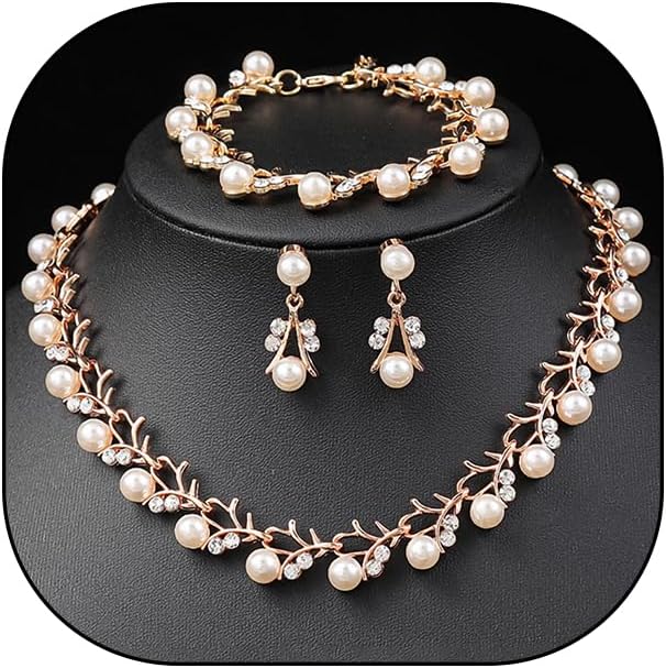 Rhinestone Pearl Wedding Jewelry Set for Bride Bridesmaid Bohemia Adjustable Beaded Crystal Bracelet Necklace Exaggerated Pearl Earring Set for Women