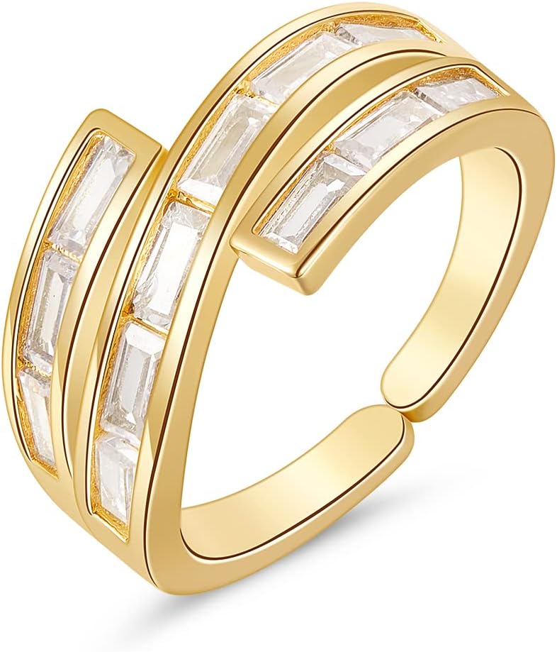 Gold Rings for Women, 14K Gold Plated Adjustable Statement Irregular Geometric Diamond Twisted Open Stackable Band Chunky Finger Rings Dainty Cubic Zirconia Jewelry Gifts
