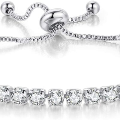 Tennis Bracelets for Women White Gold Plated Diamond AAA+ Cubic Zirconia  Dainty Classic Adjustable Slider Bracelet Silver Fashion Jewelry Wedding Gift