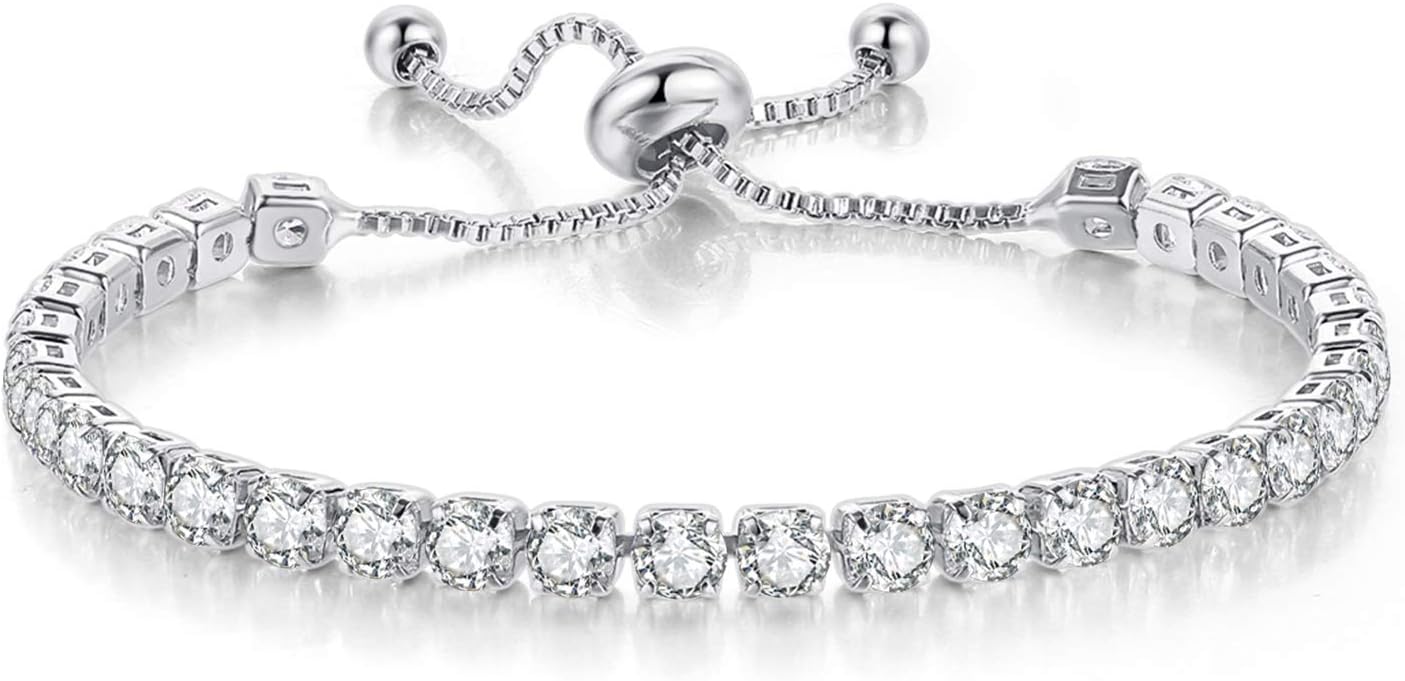 Tennis Bracelets for Women White Gold Plated Diamond AAA+ Cubic Zirconia Dainty Classic Adjustable Slider Bracelet Silver Fashion Jewelry Wedding Gift