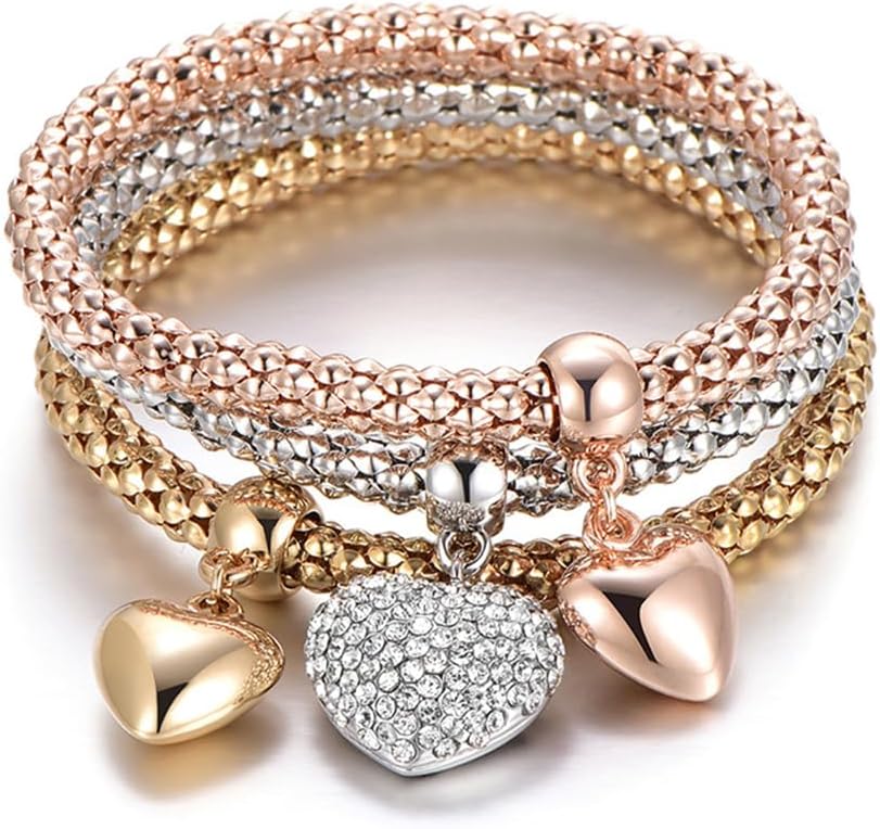 Crystal Charms Multilayer Bracelets - 3PCS Gold/Silver/Rose Gold Corn Chain Bracelet for Women, Tree of Life Heart Shaped Stretch Bracelet
