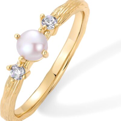 14K Gold Plated Pearl Hammered Ring for Women | Dainty Elegant Stackable Cubic Zirconia Thin Band for Women