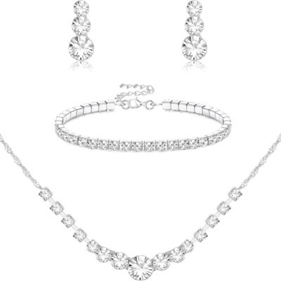 Silver Jewelry Set for Women Rhinestone Crystal Necklace Drop Earrings Link Bangle Bracelet Bridal Wedding Jewelry Sets for Brides Bridemaid Prom Costume Accessories