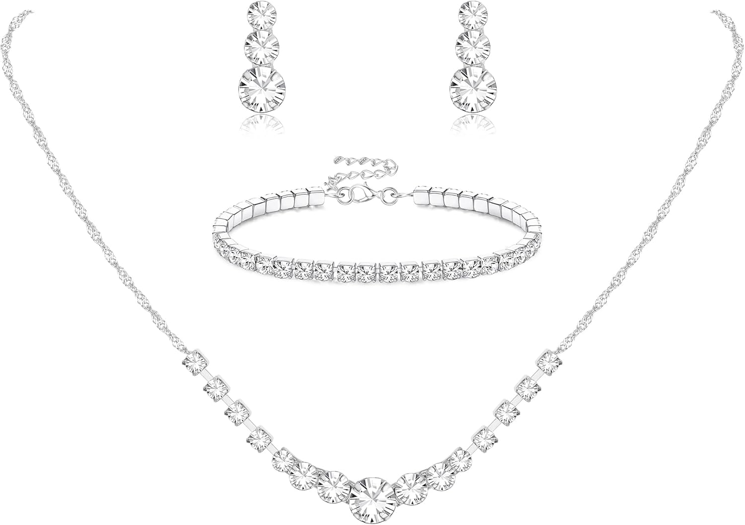 Silver Jewelry Set for Women Rhinestone Crystal Necklace Drop Earrings Link Bangle Bracelet Bridal Wedding Jewelry Sets for Brides Bridemaid Prom Costume Accessories
