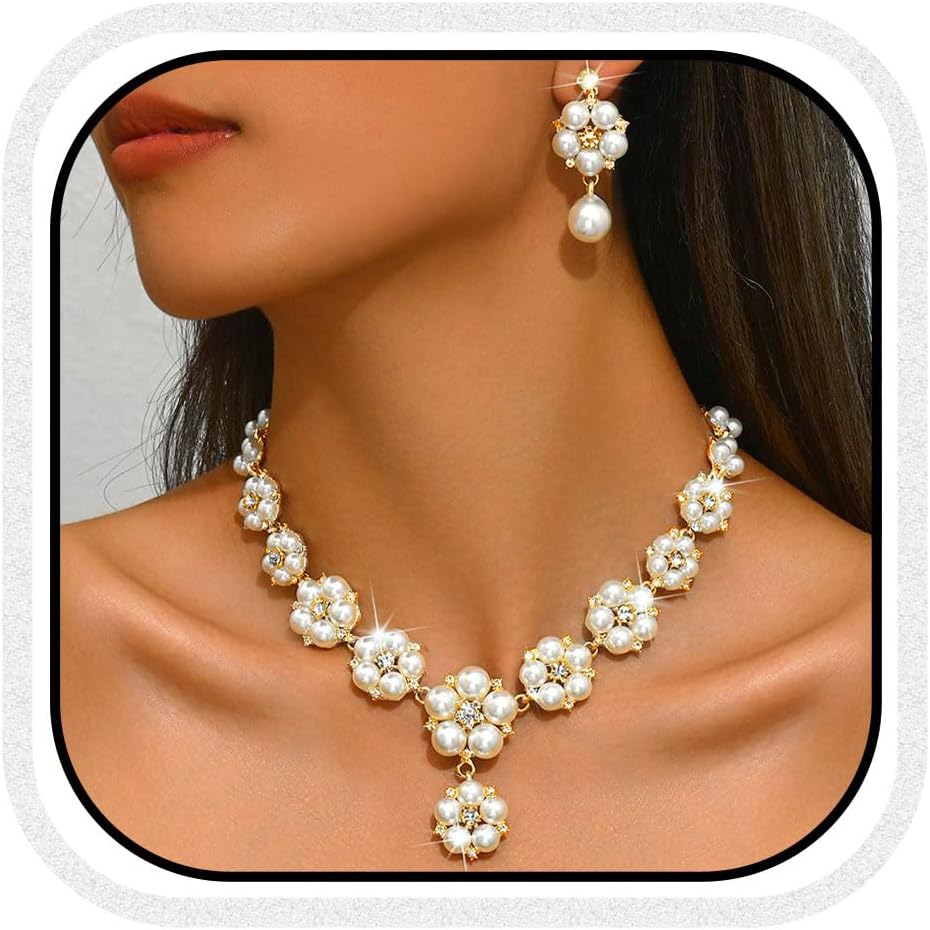 Gold Pearl Bridal Wedding Jewelry Set Rhinestone Necklace Earrings Sets Flower Formal Prom Costume Jewelry Sets for Women and Brides