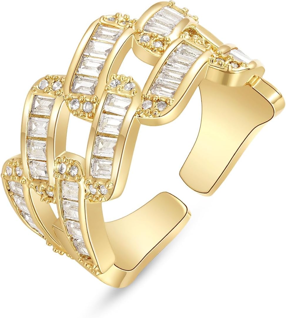 Gold Rings for Women, 14K Gold Plated Adjustable Statement Irregular Geometric Diamond Twisted Open Stackable Band Chunky Finger Rings Dainty Cubic Zirconia Jewelry Gifts