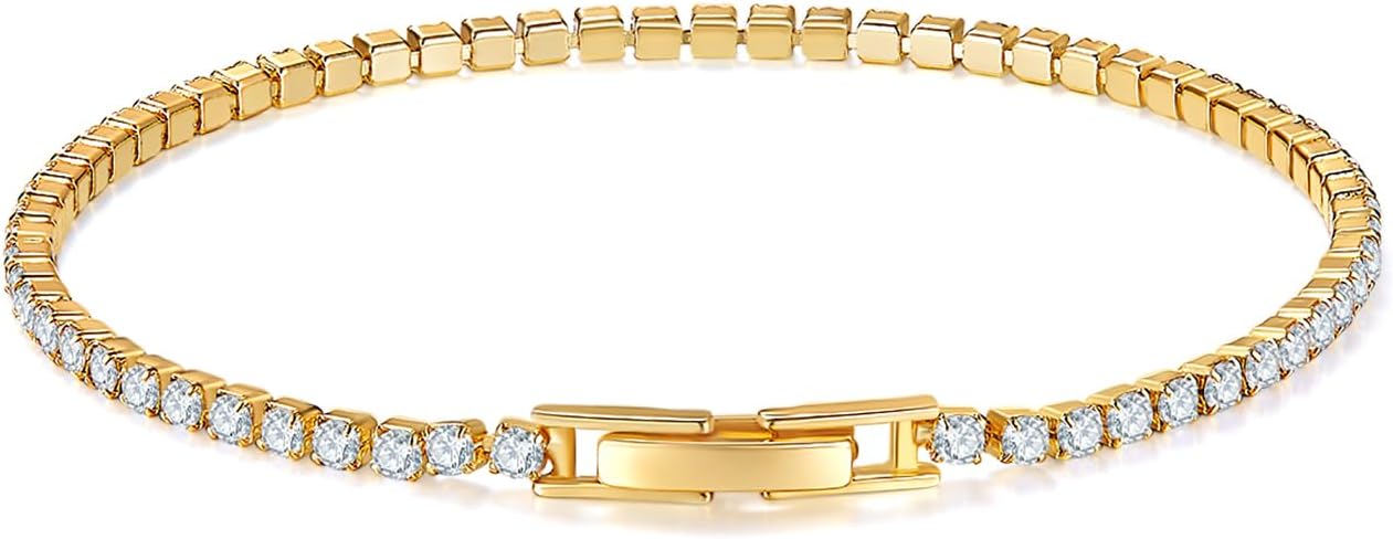 14K Gold/White Gold Plated Cubic Zirconia Tennis Bracelet | Silver, Gold Bracelets for Women | Elegant Tennis Bracelet for Women, Thin, Dainty, & Classic, Size 6-8 Inch