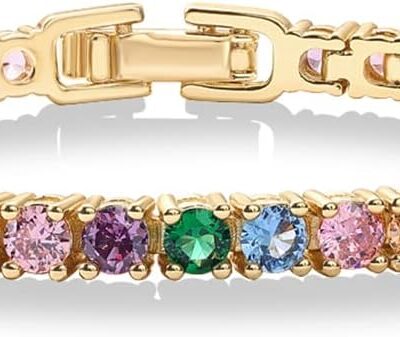 14K Gold Plated 3mm Multi Colored  Tennis Bracelet | Vibrant & Bohemian Cubic Zirconia Bracelet for Women | Size 6.5-7.5 Inch