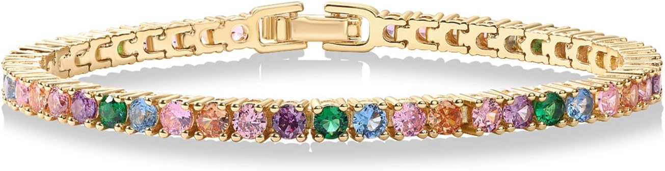 14K Gold Plated 3mm Multi Colored Tennis Bracelet | Vibrant & Bohemian Cubic Zirconia Bracelet for Women | Size 6.5-7.5 Inch