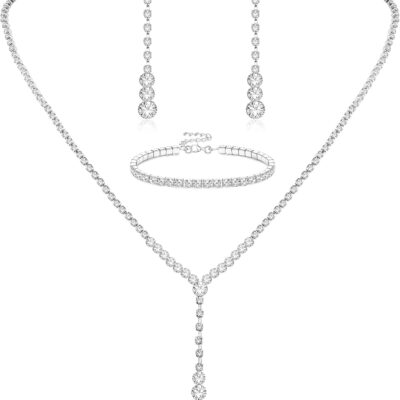 Crystal Silver Necklace and Earrings with Crystal Bracelet for Women Teardrop Dangle Earrings Rhinestone Necklace Bracelet for Bride Bridesmaid Crystal Bridal Wedding Party Jewelry Sets