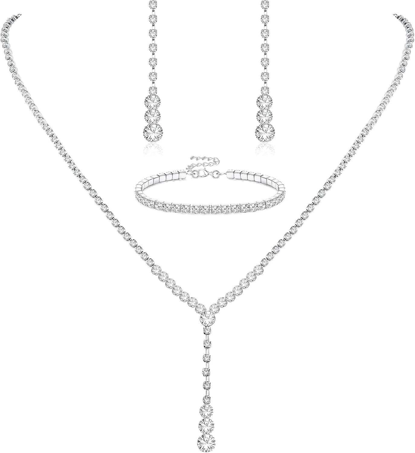 Crystal Silver Necklace and Earrings with Crystal Bracelet for Women Teardrop Dangle Earrings Rhinestone Necklace Bracelet for Bride Bridesmaid Crystal Bridal Wedding Party Jewelry Sets