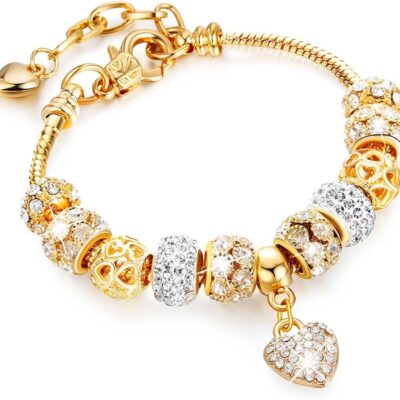 Gold Beads Bracelets Rhinestone Heart Charm Bracelet Luxury Adjustable Bangle for Women
