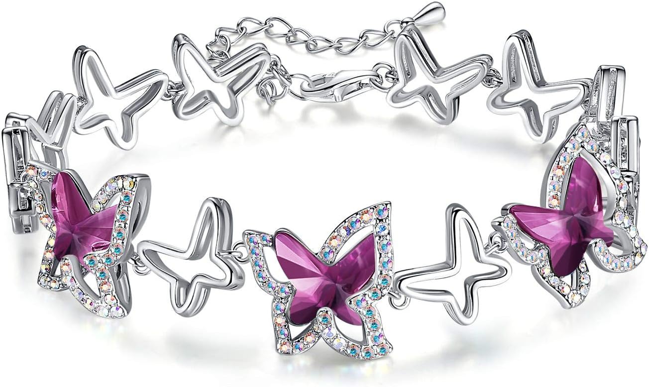 Valentine's Day Gift For Women Butterfly Link Charm Bracelet with Premium Birthstone Crystal, Silver-Tone, 7”+2” Chain
