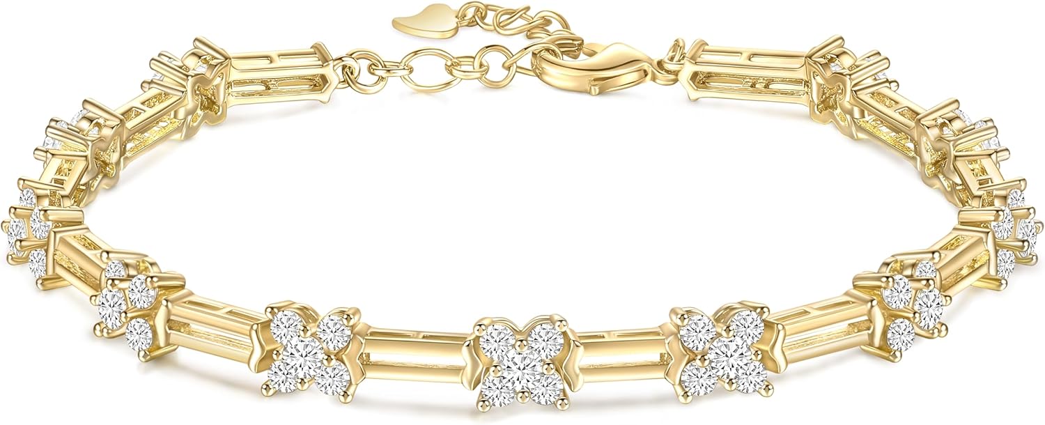 14K Gold Plated Bracelet for Women Dainty Cubic Zirconia Adjustable Link Chain Bracelets for Lover Mom Friends Size 6.5-7.5 Inch