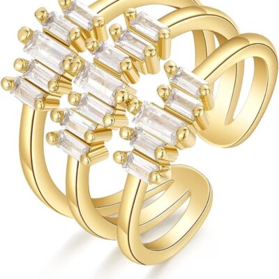 Gold Rings for Women, 14K Gold Plated Adjustable Statement Irregular Geometric Diamond Twisted Open Stackable Band Chunky Finger Rings Dainty Cubic Zirconia Jewelry Gifts
