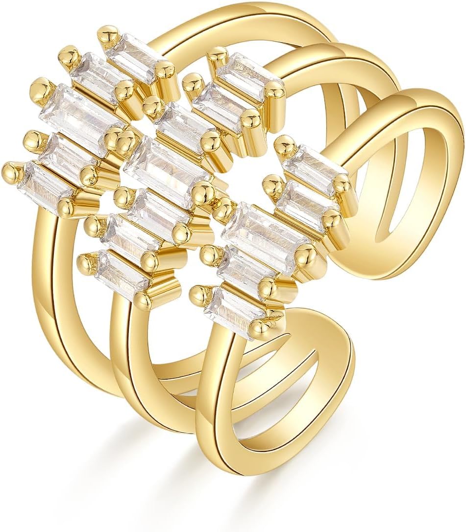 Gold Rings for Women, 14K Gold Plated Adjustable Statement Irregular Geometric Diamond Twisted Open Stackable Band Chunky Finger Rings Dainty Cubic Zirconia Jewelry Gifts