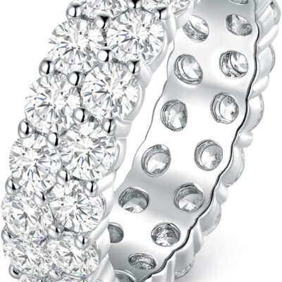 18K White Gold Plated Round-Cut Cubic Zirconia All-Around Band Ring Cocktail Jewelry for Women and Men